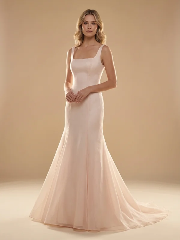 Julianna — Blush Organza Fit & Flare Wedding Dress with Puff Sleeves - 1