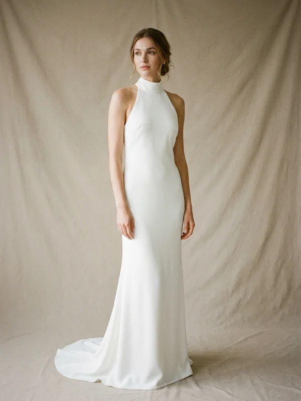 Margaux — White Crepe Petite Column Wedding Dress with Cowl Back - 1