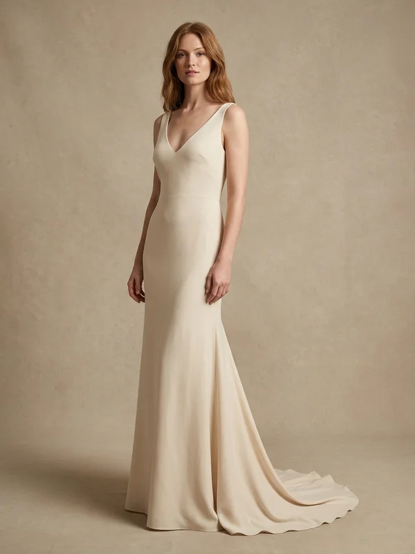 Wren — Champagne Crepe Wedding Dress with Pockets and V-Neck - 1