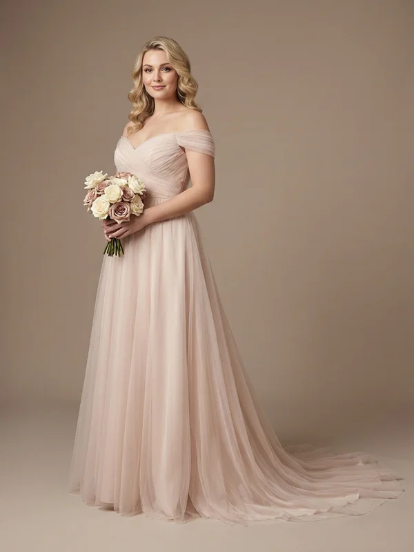 Clementine — Blush Tulle Wedding Dress with Pockets and Off-Shoulder Neckline - 1