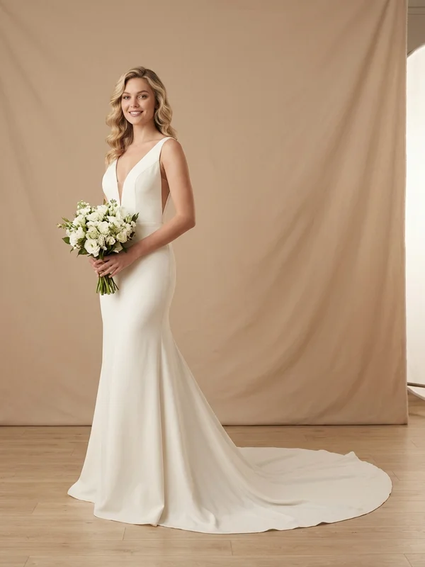 Celestine — Ivory Crepe Plunging Neckline Wedding Dress with Chapel Train - 1