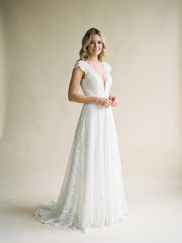 Vivienne — White Lace Plunging V-Neck Wedding Gown with Illusion Panels - 1