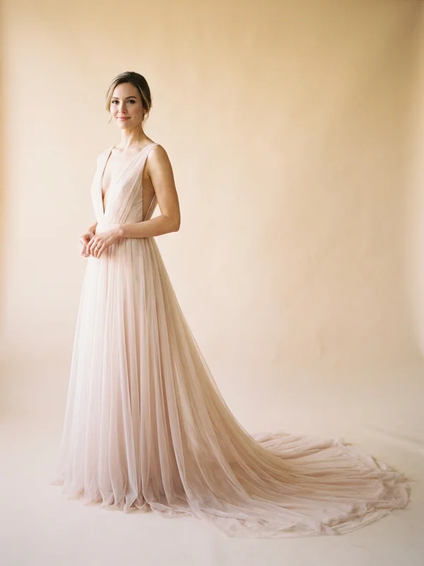 Solene — Blush Tulle Plunging Neckline Wedding Gown with Beaded Bodice - 1