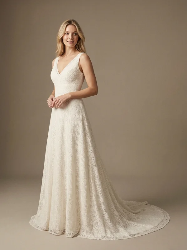 Viviana — Ivory Lace Plus-Size A-Line Wedding Dress with Illusion Sleeves - 1