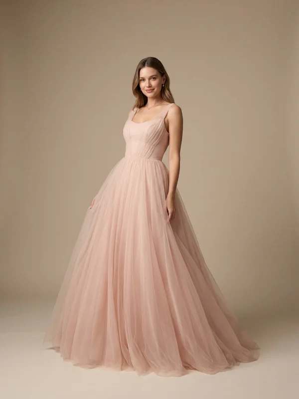Amelie — Blush Pink Tulle Ball Gown Wedding Dress with Corset Back - 1