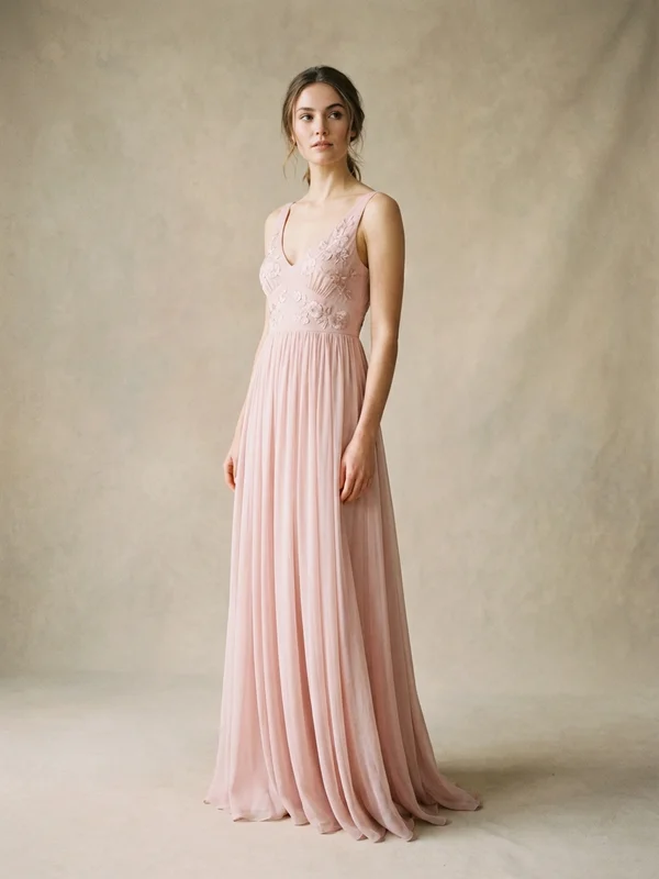 Marguerite — Soft Pink Chiffon Destination Wedding Dress with Open Back - 1