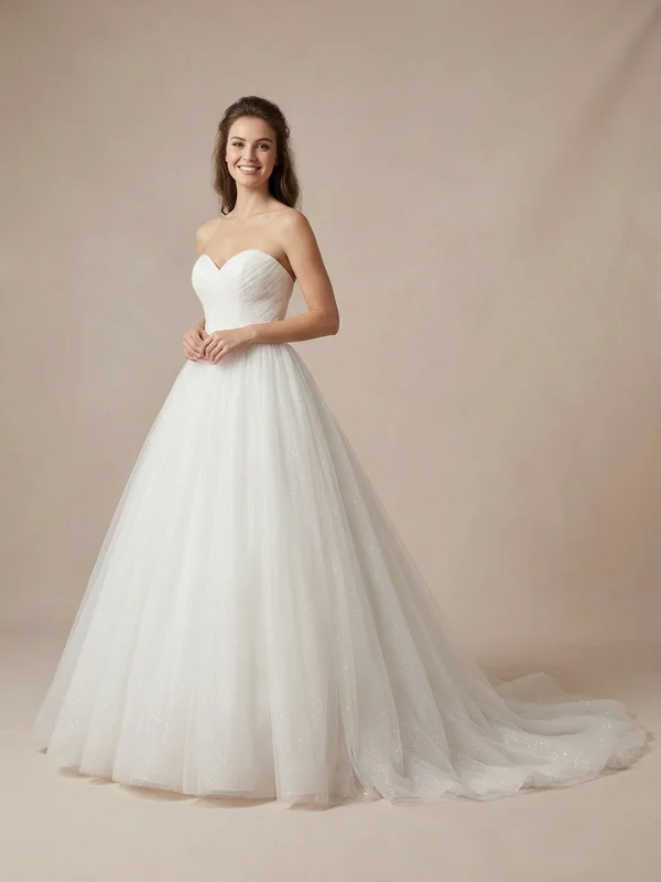 Genevieve — White Princess Tulle Wedding Gown with Sparkle Overlay - 1