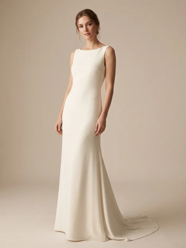 Clementine — Ivory Crepe Puff Sleeve Wedding Dress with Pearl Buttons - 1