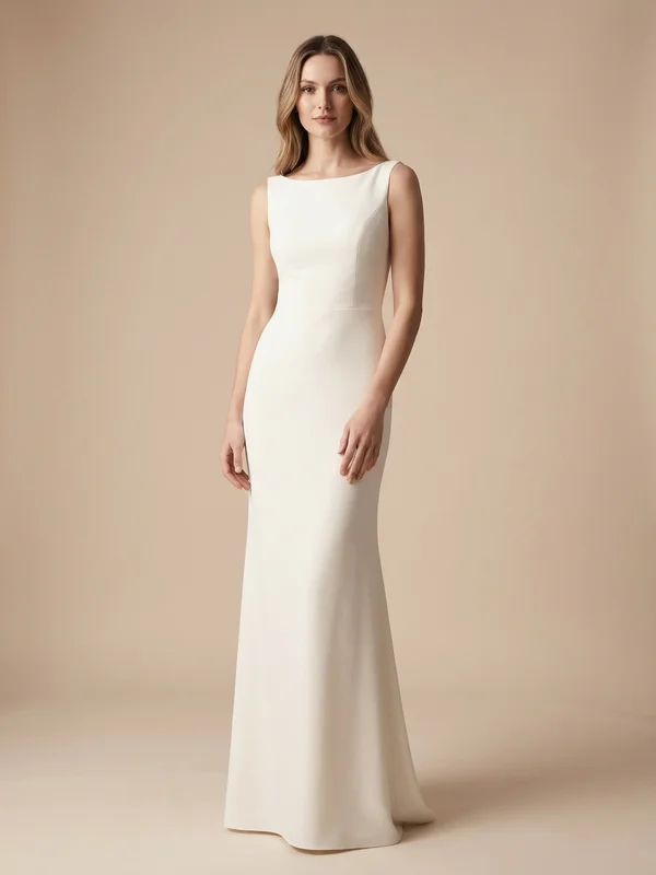 Dahlia — Ivory Crepe Reception Wedding Dress with Thigh Slit - 1