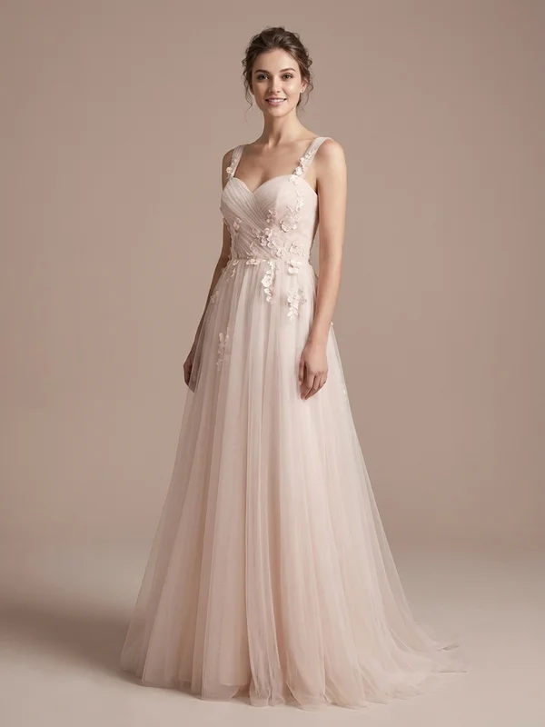 Camille — Blush Tulle Reception Wedding Dress with Flutter Sleeves - 1