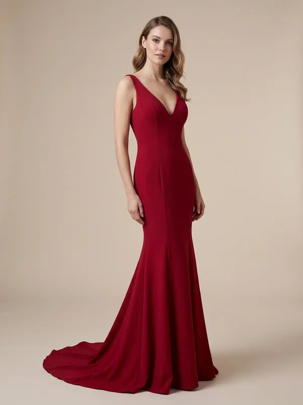 Carmen — Red Crepe Fit & Flare Wedding Dress with Plunging Neckline - 1