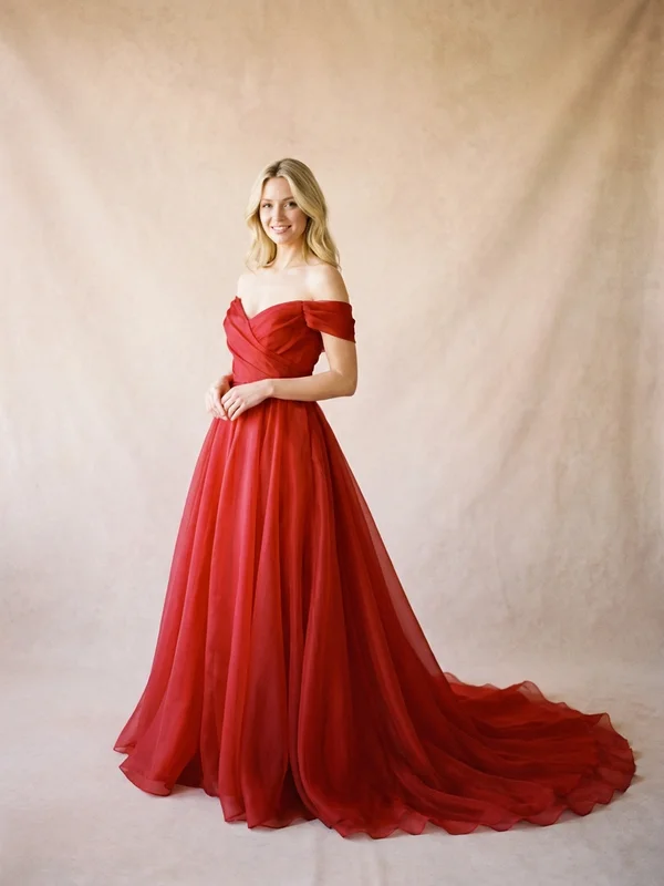 Ember — Red Organza Off-Shoulder Wedding Dress with Chapel Train - 1