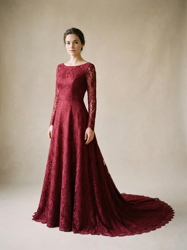 Rosalind — Red Lace A-Line Wedding Dress with Illusion Back - 1