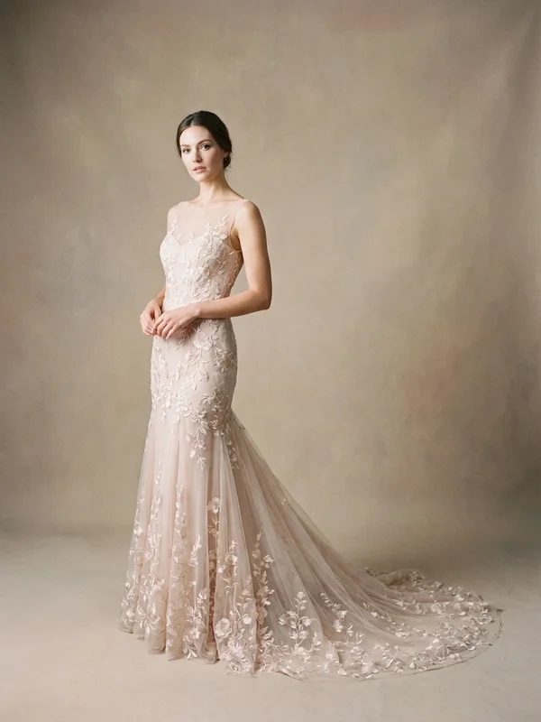 Eleanora — Blush Embroidered Wedding Dress with Removable Long Sleeves - 1