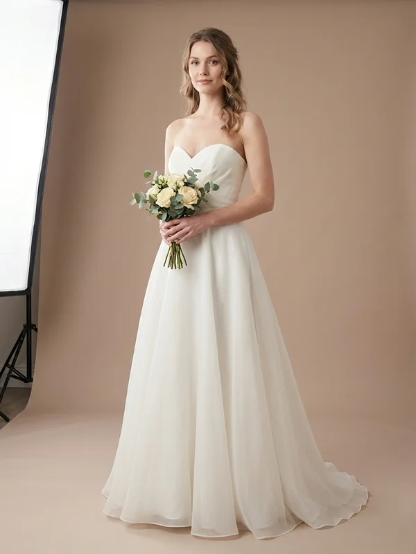 Rosalind — Ivory Organza Wedding Gown with Detachable Bell Sleeves - 1
