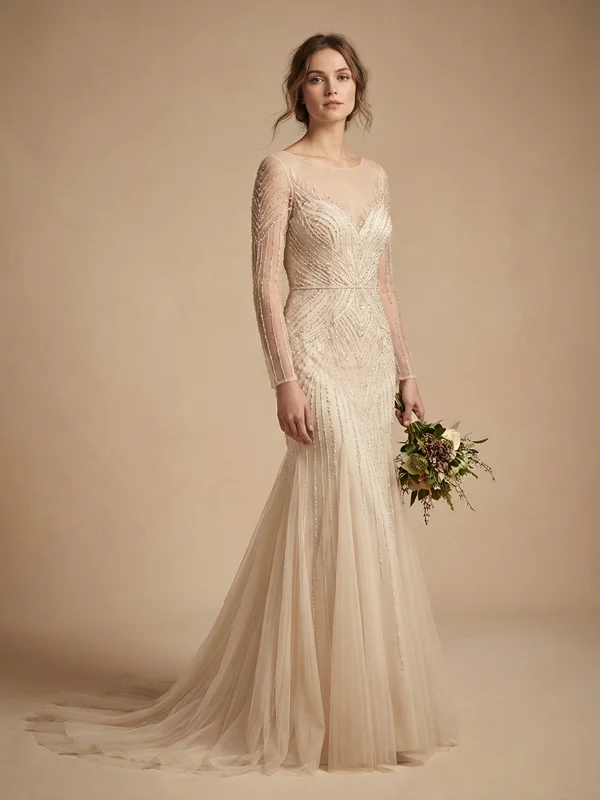 Vivienne — Champagne Beaded Wedding Dress with Removable Sheer Sleeves - 1