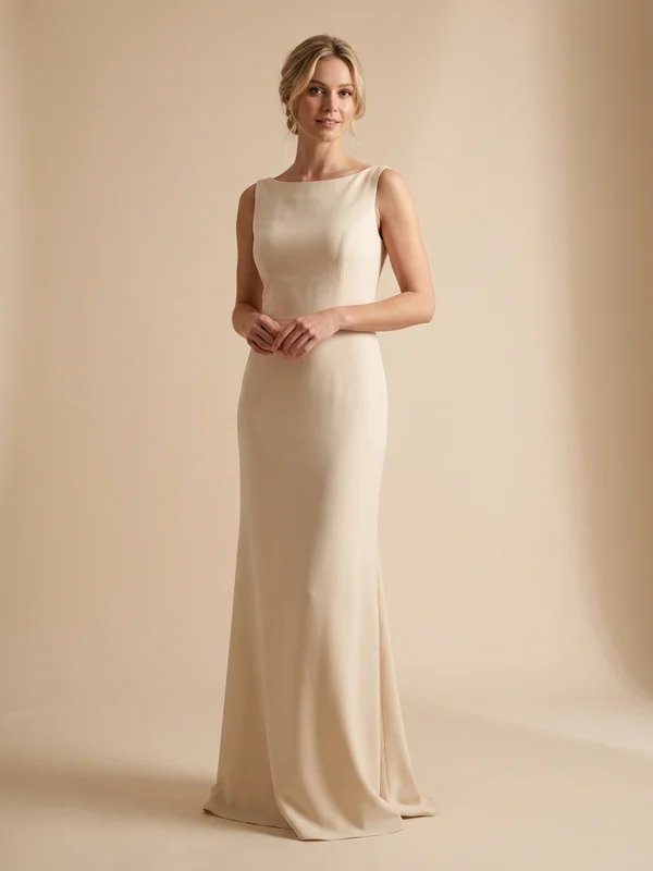 Eleanora — Champagne Crepe Column Wedding Dress with Button Back - 1