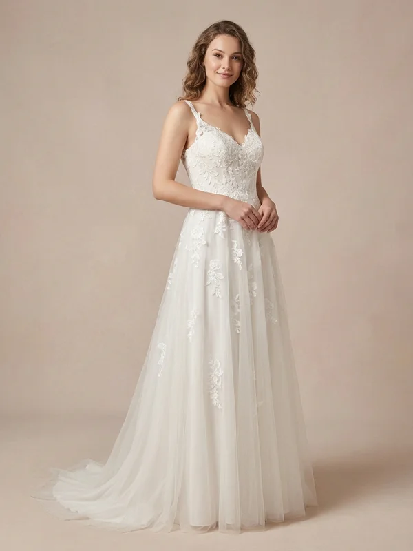 Harper — Ivory Tulle A-Line Wedding Dress with Cap Sleeves - 1