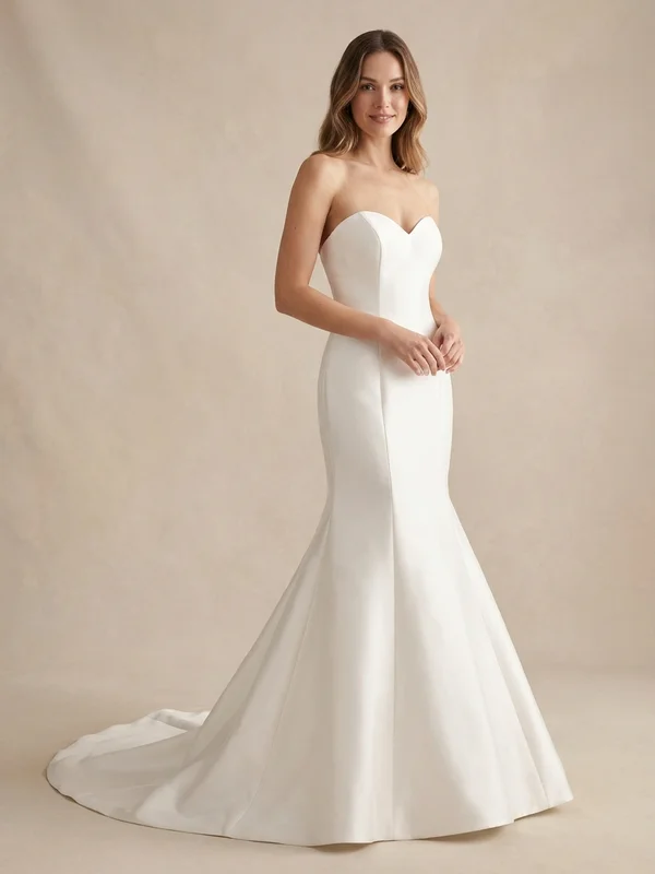 Evangeline — White Satin Mermaid Wedding Dress with Corset Back - 1