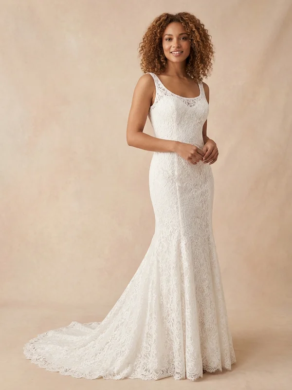 Margaux — White Lace Scoop Neck Wedding Gown with Illusion Back - 1