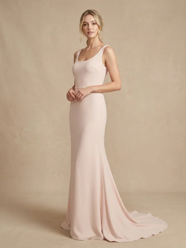 Rosalind — Blush Crepe Scoop Neck Wedding Gown with Sweep Train - 1