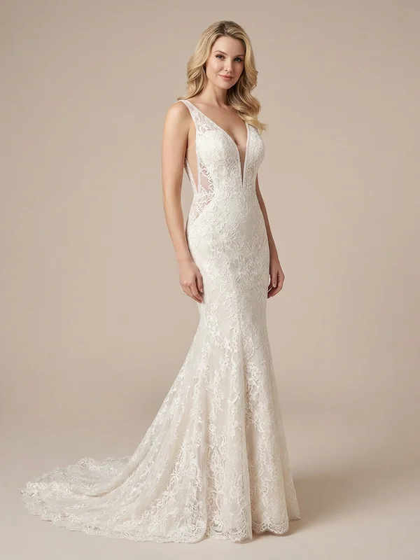 Isadora — Ivory Plunging Lace Mermaid Wedding Dress with Sheer Panels - 1
