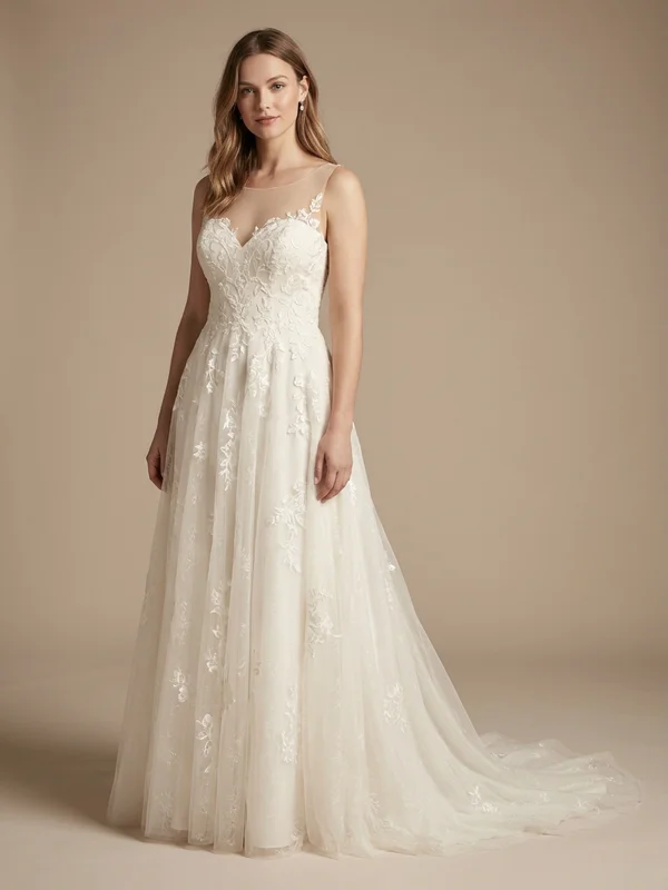Ophelia — Ivory Sheer Illusion Wedding Dress with Embroidered Bodice - 1