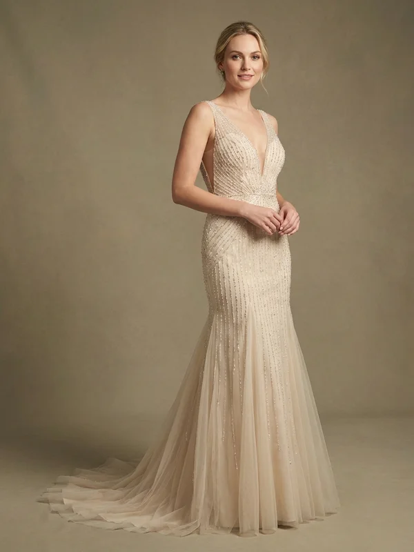 Scarlett — Champagne Beaded Backless Wedding Dress with Plunging V-Neck - 1