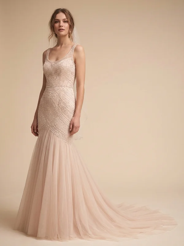 Rosalind — Blush Sheer Sleeve Wedding Gown with Floral Beadwork - 1