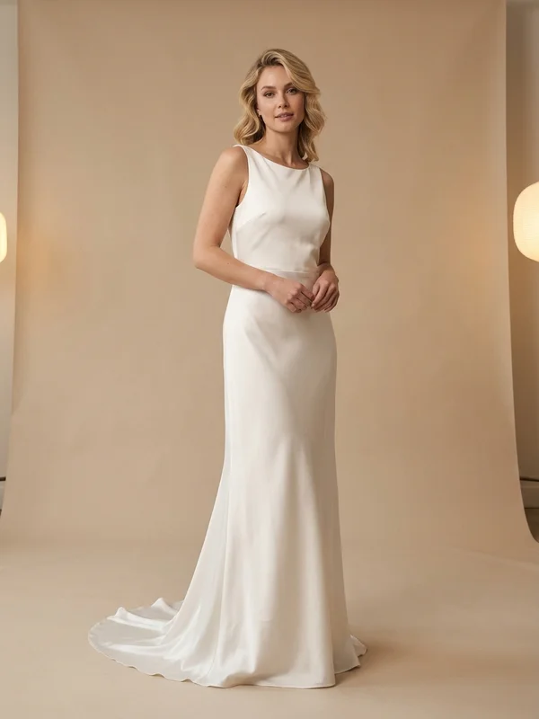 Delphine — White Silk Sheath Wedding Gown with Cap Sleeves - 1