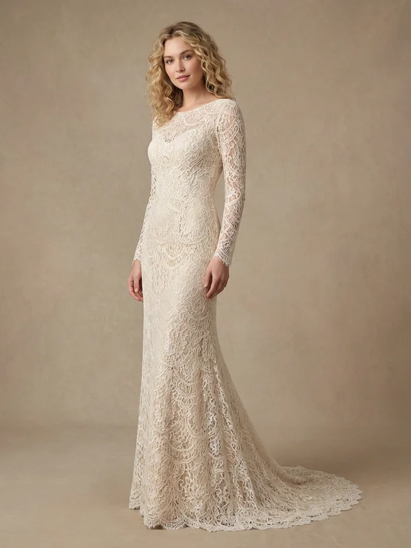 Cassandra — Champagne Lace Sheath Wedding Dress with Long Sleeves - 1
