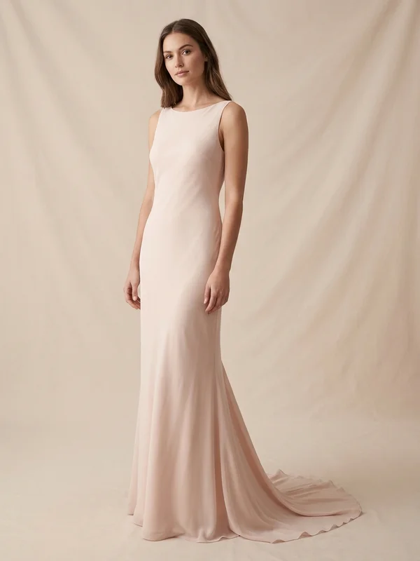 Aurelie — Blush Chiffon Sheath Wedding Dress with Beaded Straps - 1