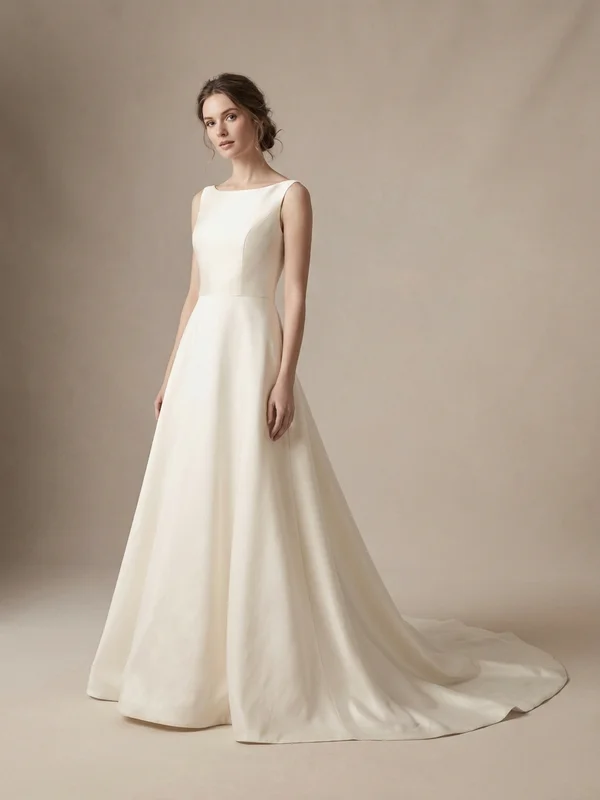 Genevieve — White Silk Mikado Wedding Gown with Boat Neck - 1