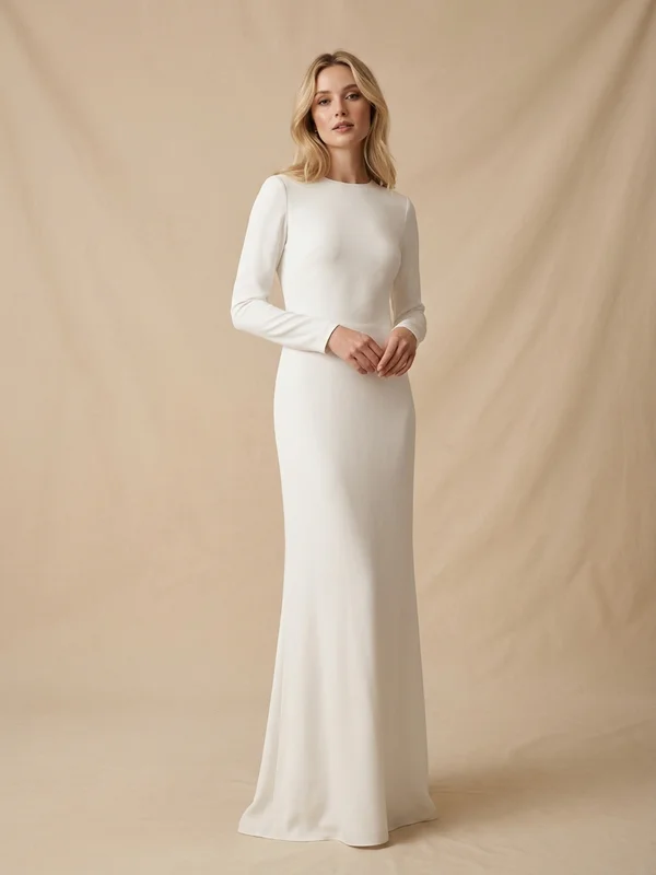 Celestine — White Silk Crepe Wedding Dress with Column Silhouette - 1