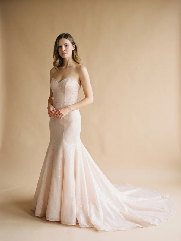 Aurora — Blush Sequin Sparkle Wedding Dress with Cathedral Train - 1