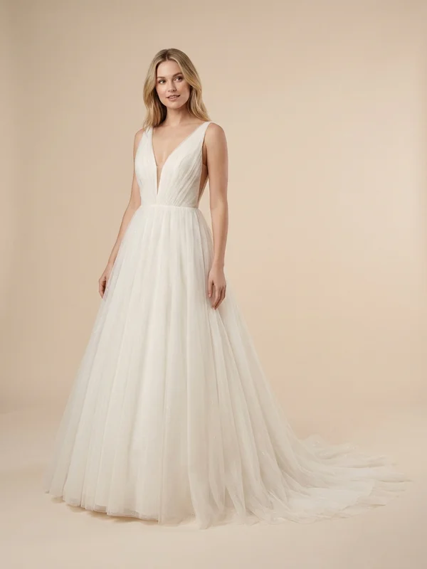 Celestia — Ivory Glitter Tulle Sparkle Wedding Dress with Plunging Neckline - 1