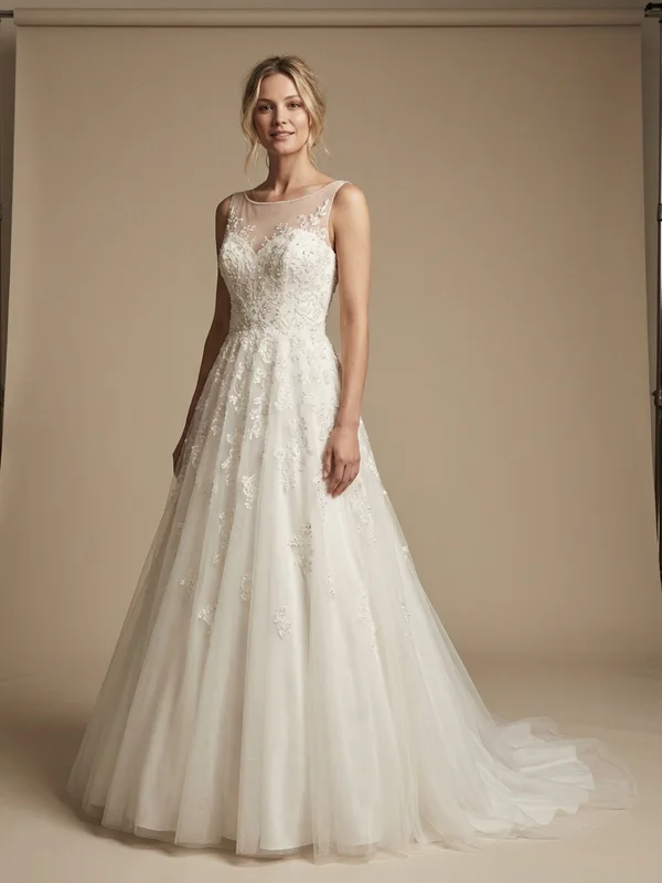 Diamante — White Beaded Sparkle Wedding Gown with Illusion Sleeves - 1