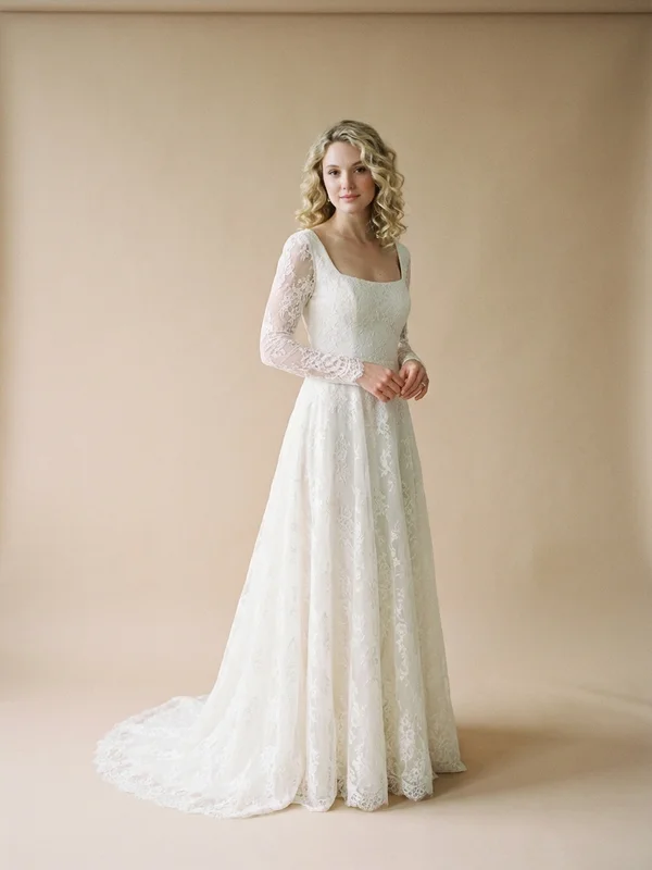Cosette — Ivory Lace Square Neck Wedding Gown with Illusion Back - 1