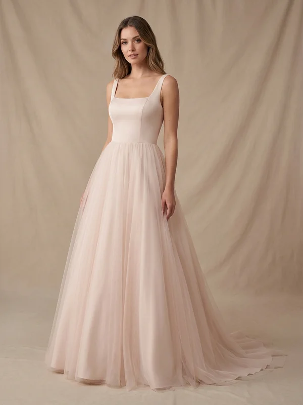 Elowen — Blush Tulle Square Neck Wedding Gown with Puff Sleeves - 1