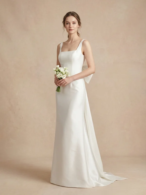 Odette — White Mikado Square Neck Wedding Dress with Dramatic Bow - 1