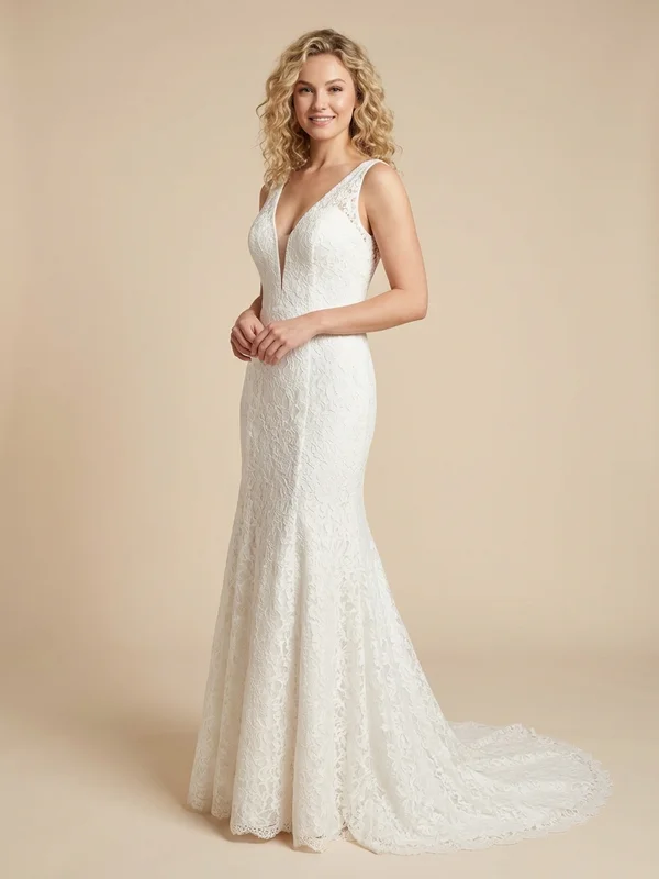 Arabella — White Lace Short Sleeve Wedding Gown with V-Neck - 1