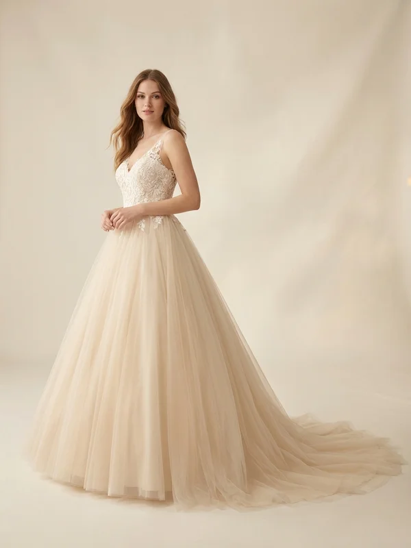 Eleanora — Champagne Tulle Short Sleeve Wedding Dress with Sparkle Bodice - 1