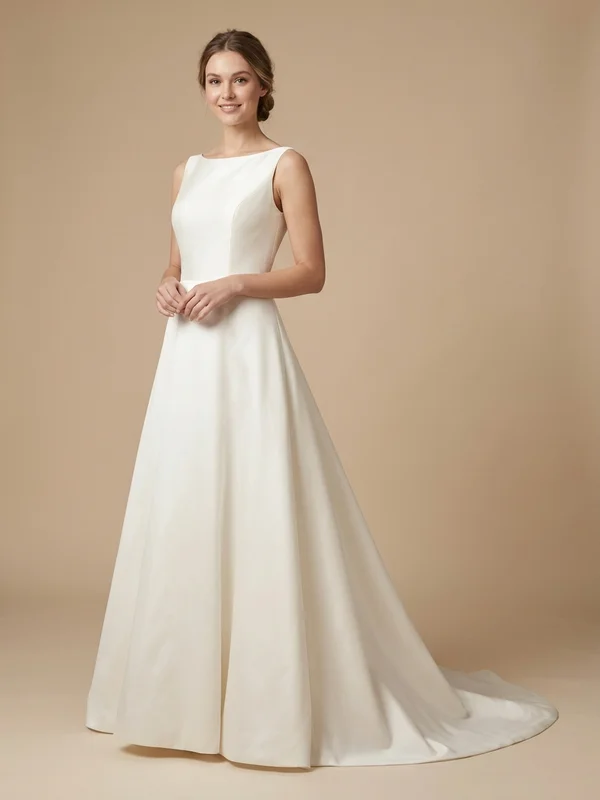 Florence — Ivory Satin Short Sleeve Wedding Dress with Boat Neck - 1