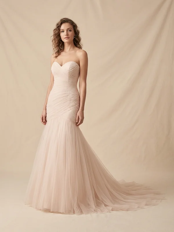 Beatrix — Blush Strapless Trumpet Wedding Dress with Draped Tulle Skirt - 1
