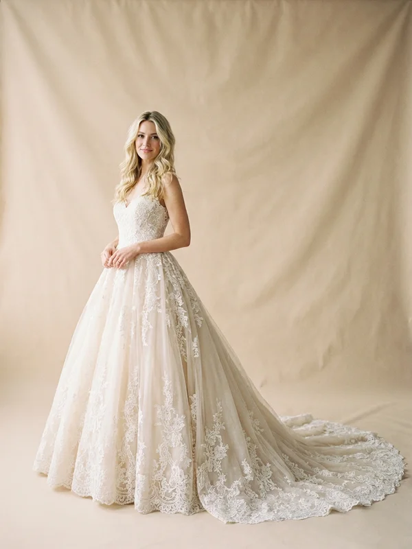 Ophelia — Champagne Lace Strapless Ball Gown Wedding Dress with Cathedral Train - 1