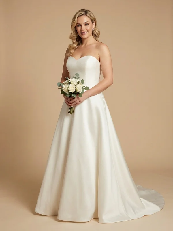 Valentina — Ivory Satin Sweetheart Neckline A-Line Wedding Dress with Court Train - 1