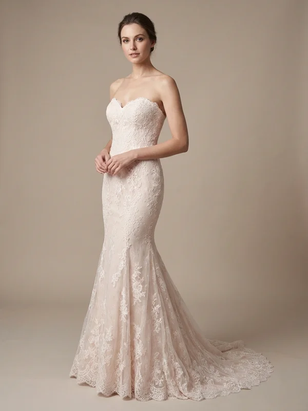 Rosalind — Blush Lace Sweetheart Mermaid Wedding Gown with Illusion Back - 1