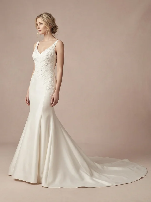 Eleanora — Ivory Embroidered Sweetheart Trumpet Wedding Gown with Cathedral Train - 1