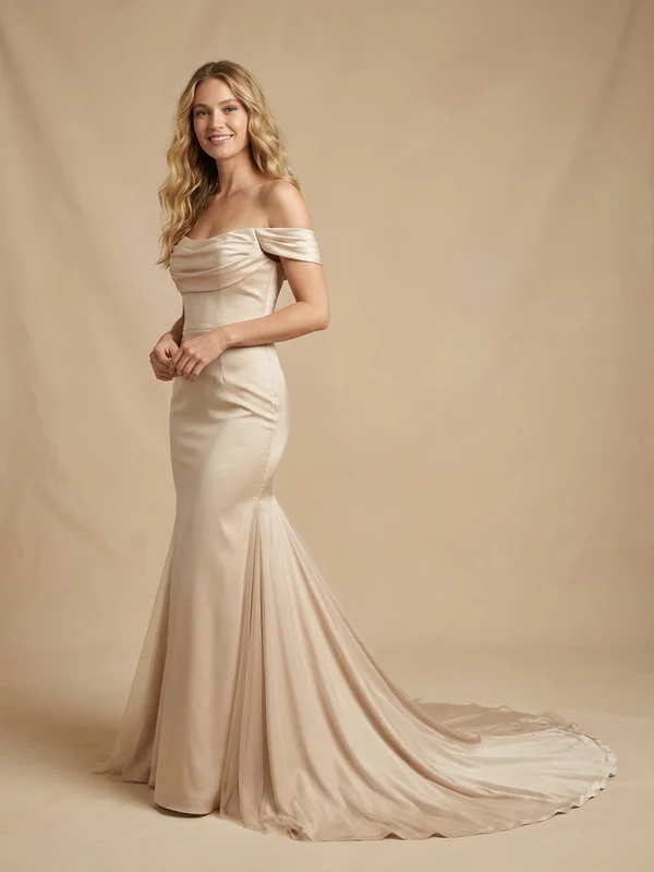 Alessandra — Champagne 3/4 Sleeve Mermaid Wedding Dress with Beaded Cuffs - 1