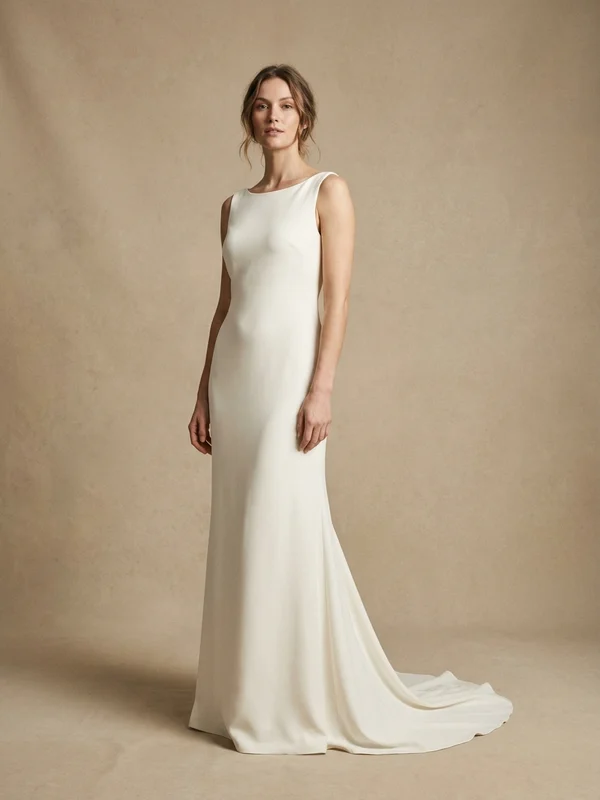 Beatrice — Ivory 3/4 Sleeve Sheath Wedding Dress with Button-Back Detail - 1